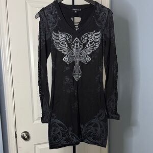 Black Rhinestone Cross & Wings Long Sleeve Mini Dress